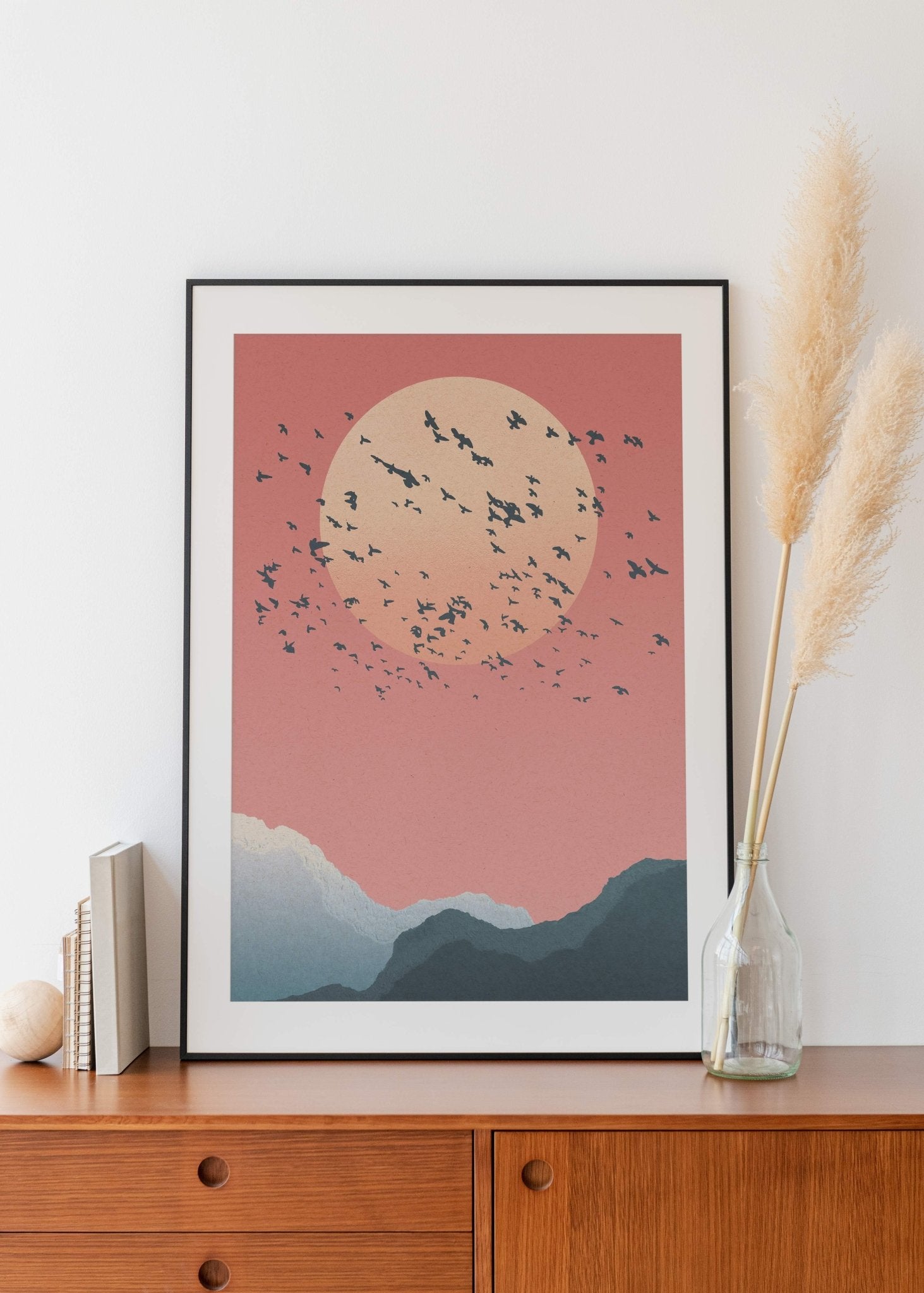 Birds and Moon Print - Stunning Watercolor Art with Peachy Pink Skies