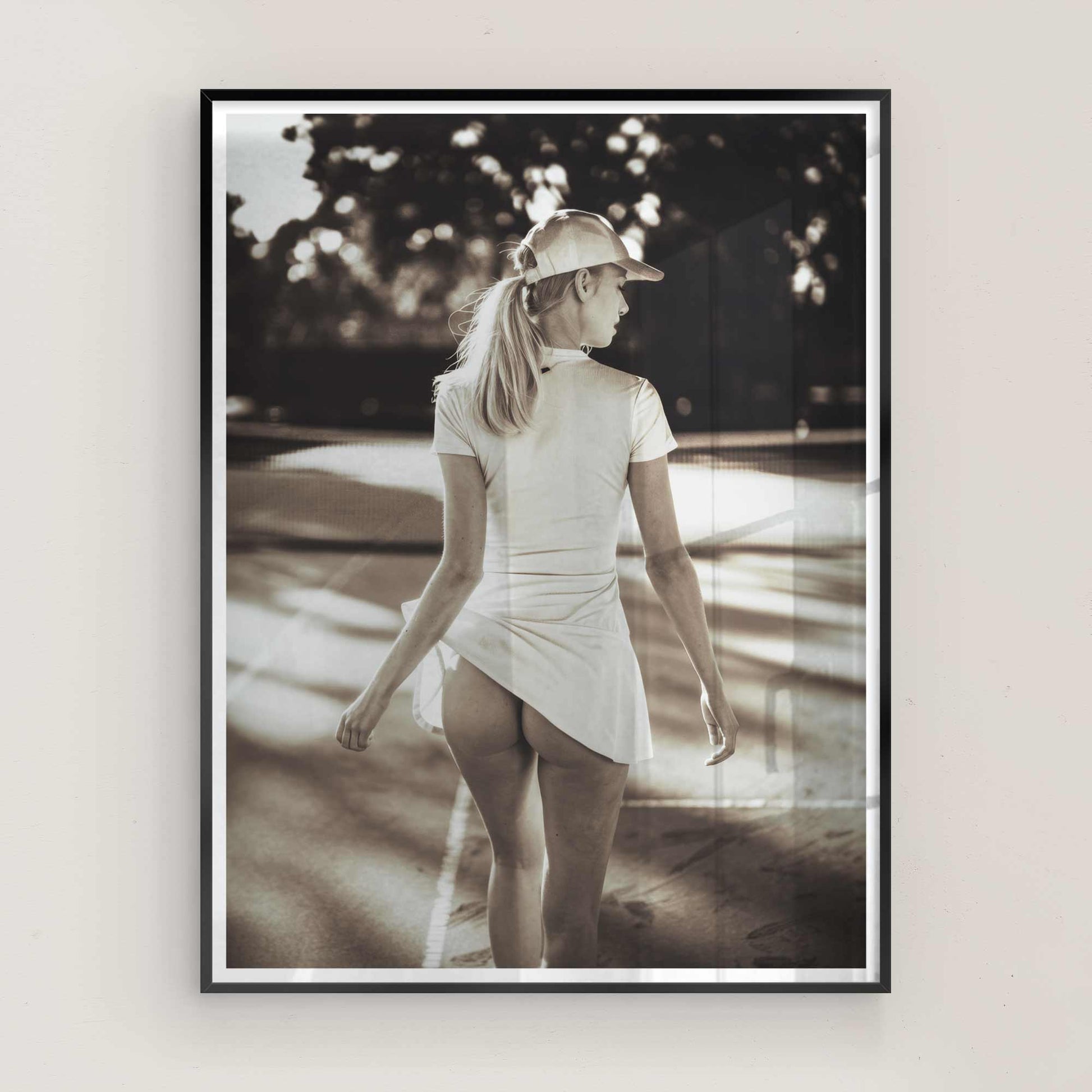 Vintage-inspired Tennis Girl art print in sepia tones.