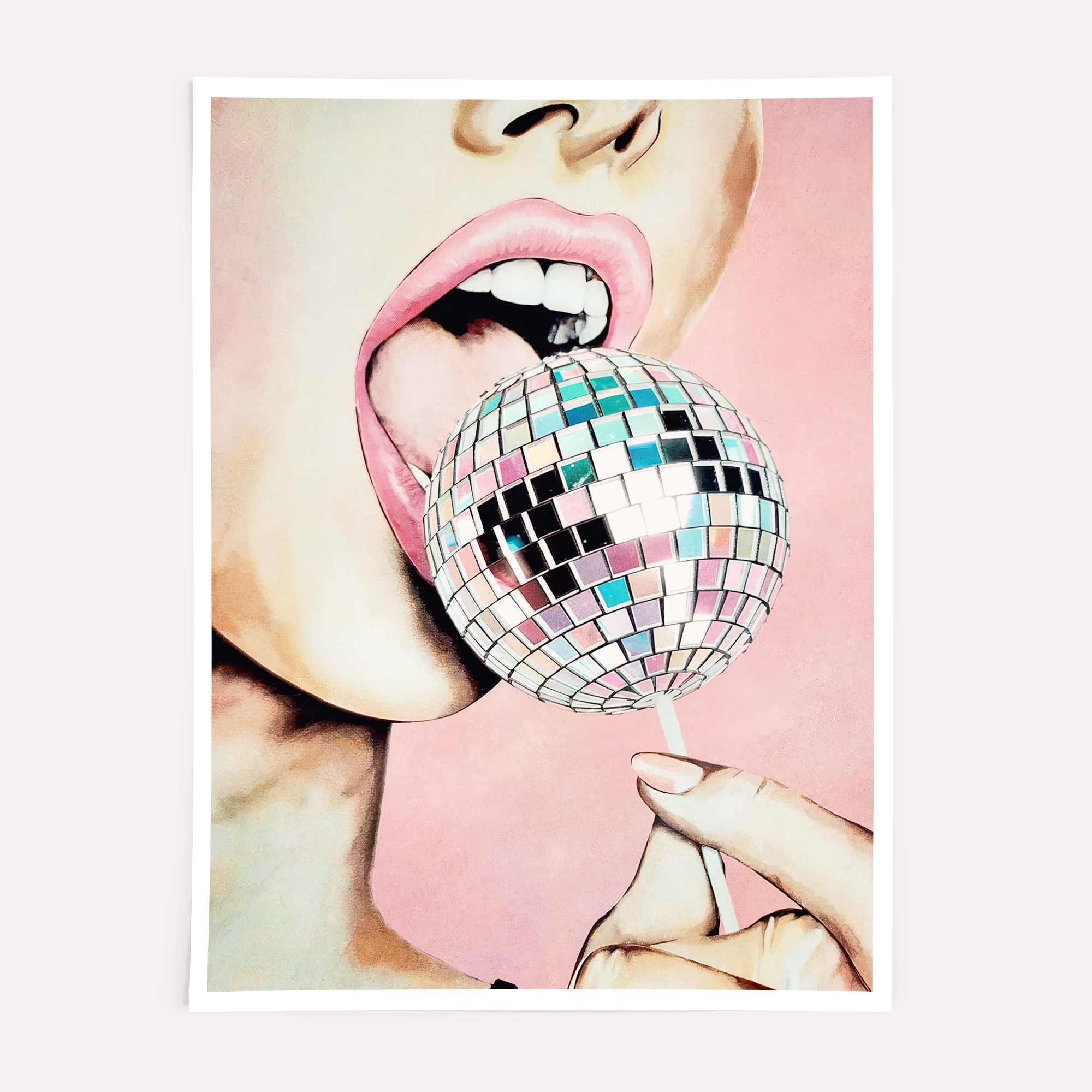 Statement wall art featuring a pink and chrome mirrorball lollipop.