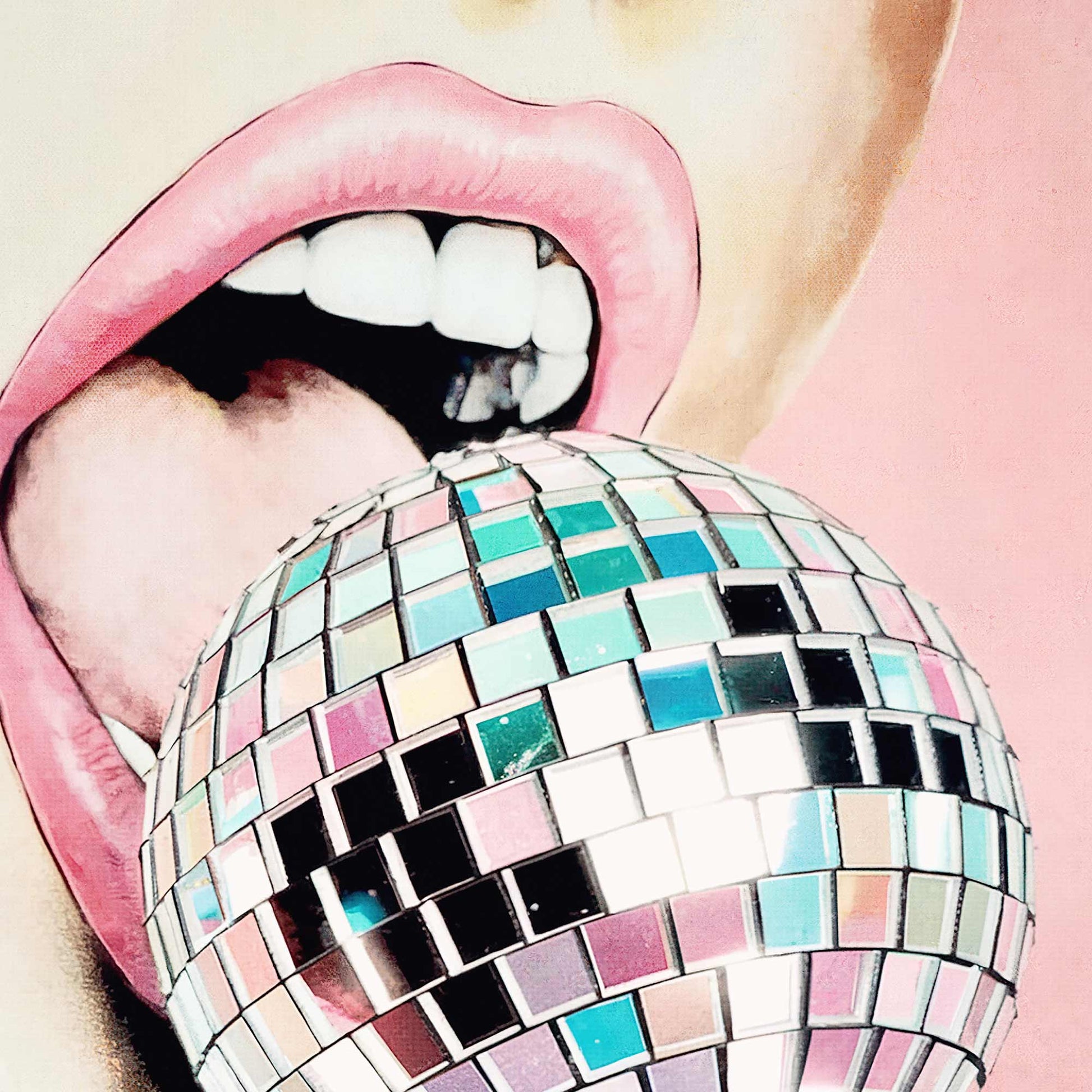 Close-up of Disco Lollipop print with a pink pastel background and disco ball candy.
