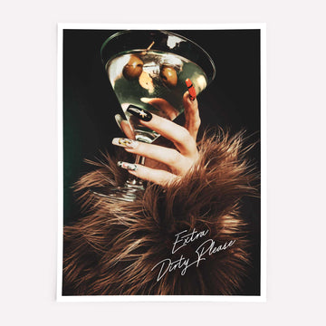 Extra Dirty Please cocktail print – luxury martini poster with fur and high-fashion nails