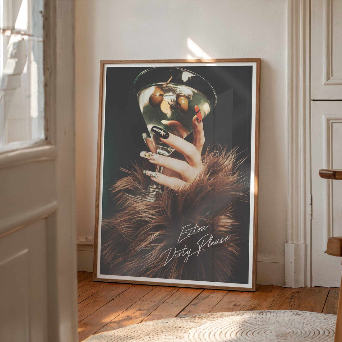 Extra Dirty Please cocktail print – luxury martini poster with fur and high-fashion nails