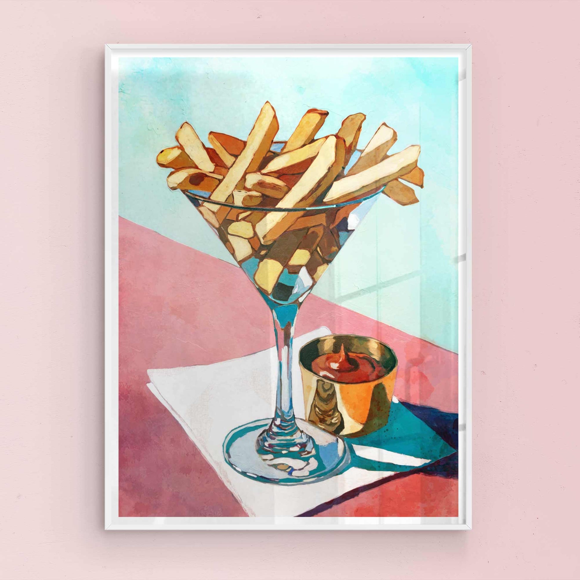 Golden French fries in a martini glass – fine art food illustration