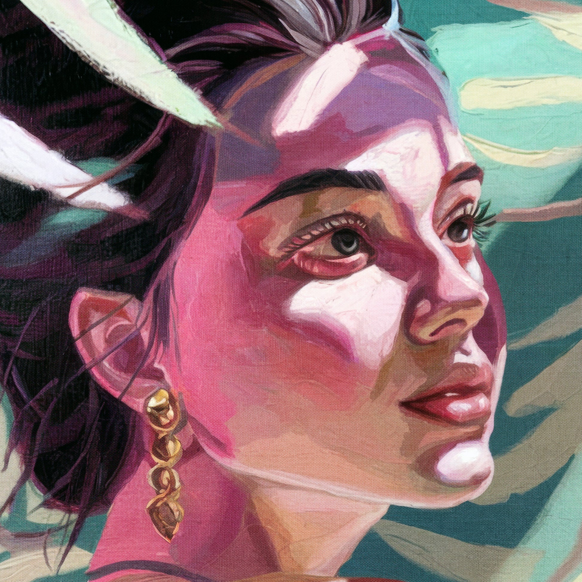 Close-up of textured paint and shadow play on a serene face

