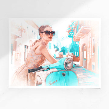 GIRL ON SCOOTER TEAL ORANGE PRINT