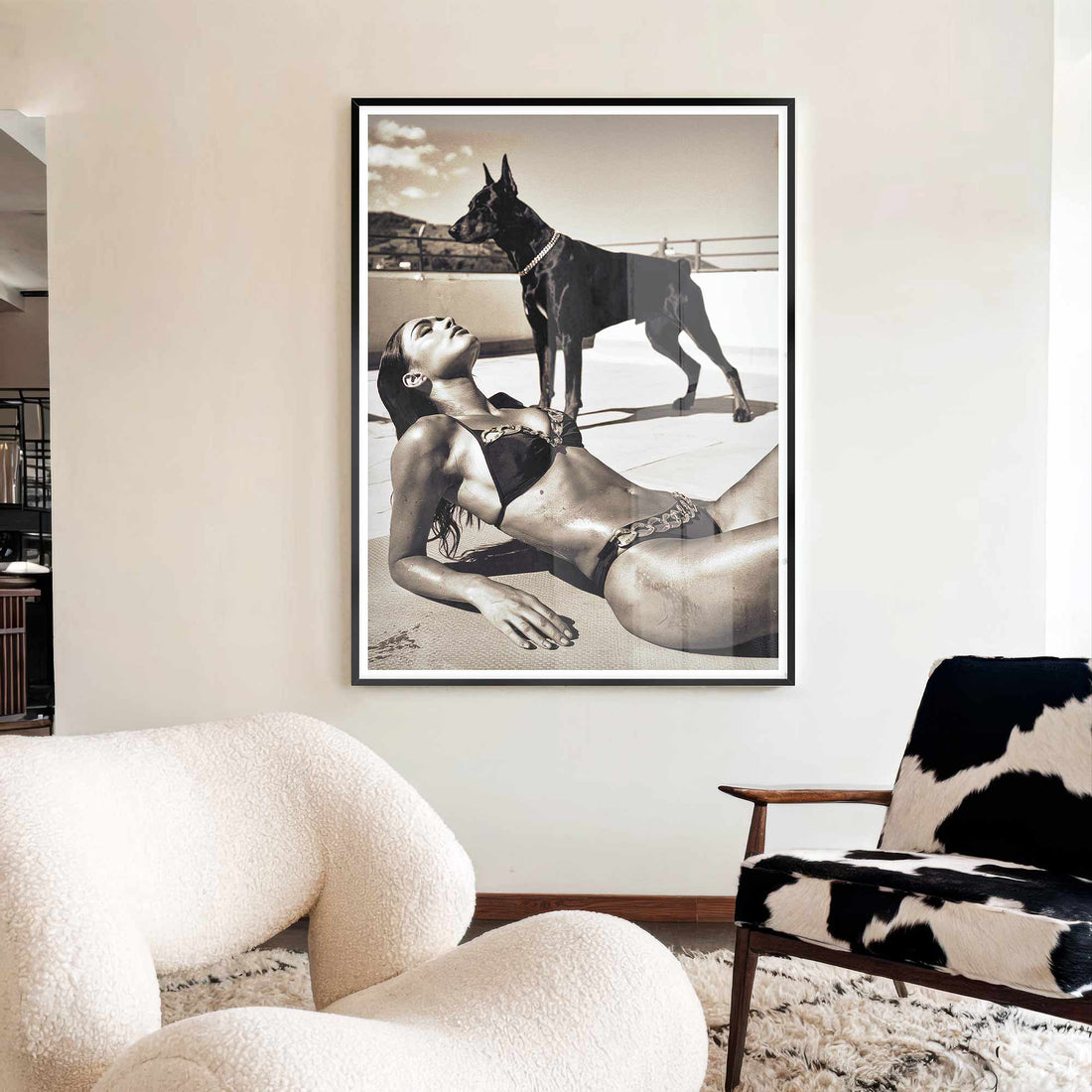 Luxury sunbather print featuring a poised Doberman.