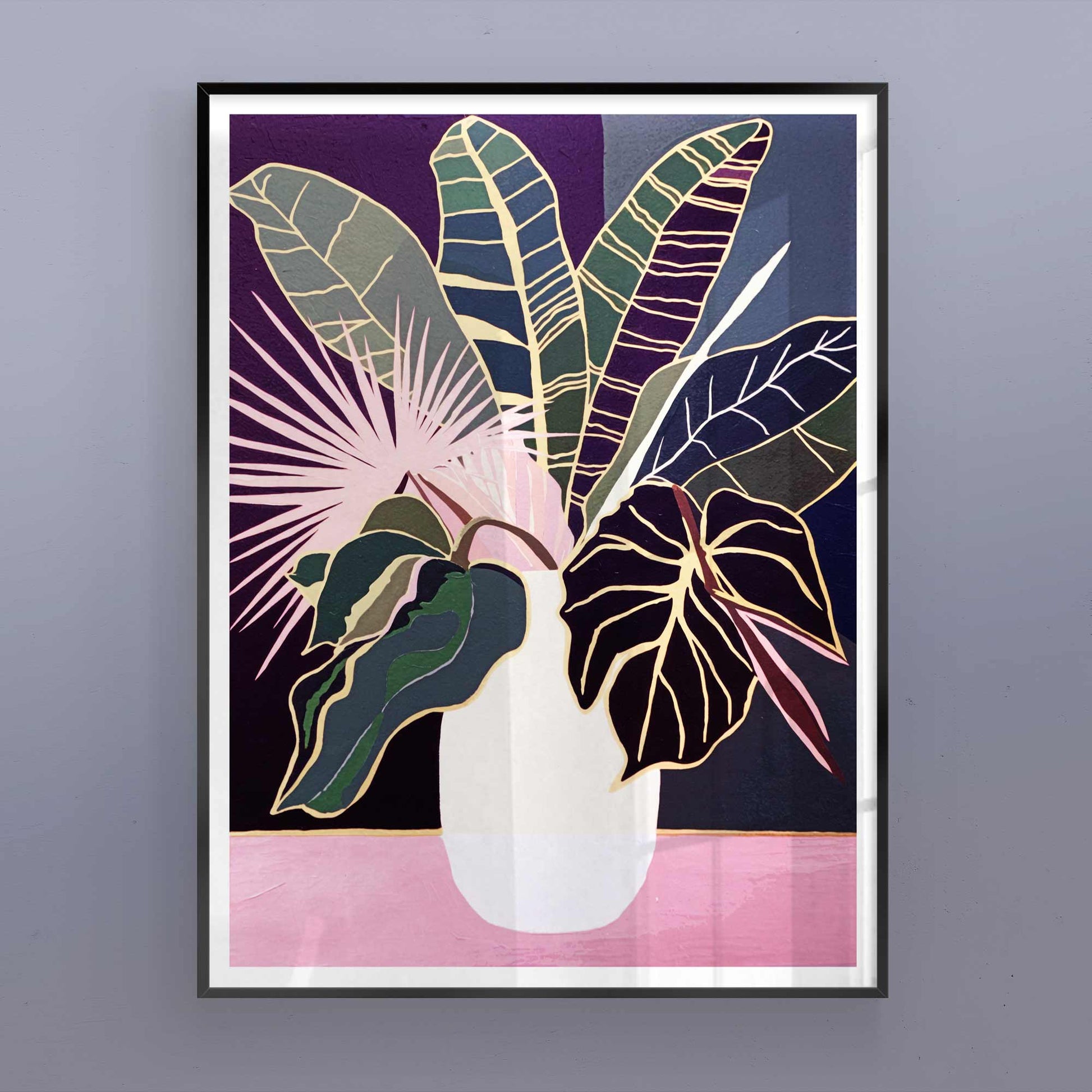 Framed botanical poster displayed in a modern living room
