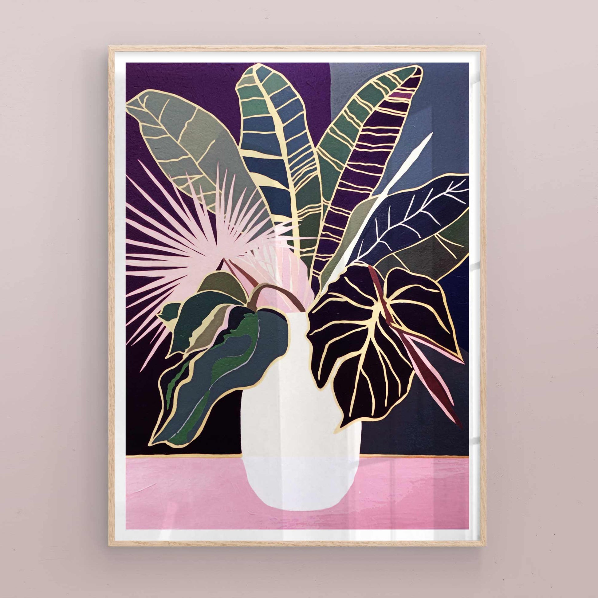 Abstract plant wall art displayed in a creative studio space