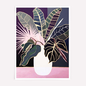 Indigo & pink botanical art print on a white background