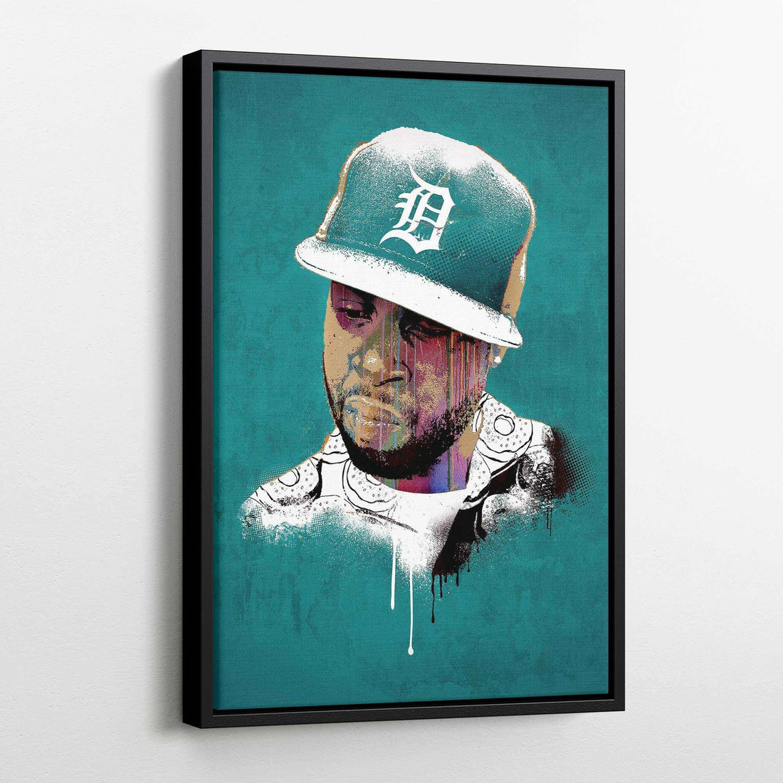 J Dilla Print | Vibrant Tribute Art with Teal Backdrop and Dripping Paint

