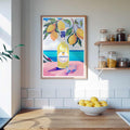 Coastal home decor setup with a Limoncello print on the wall