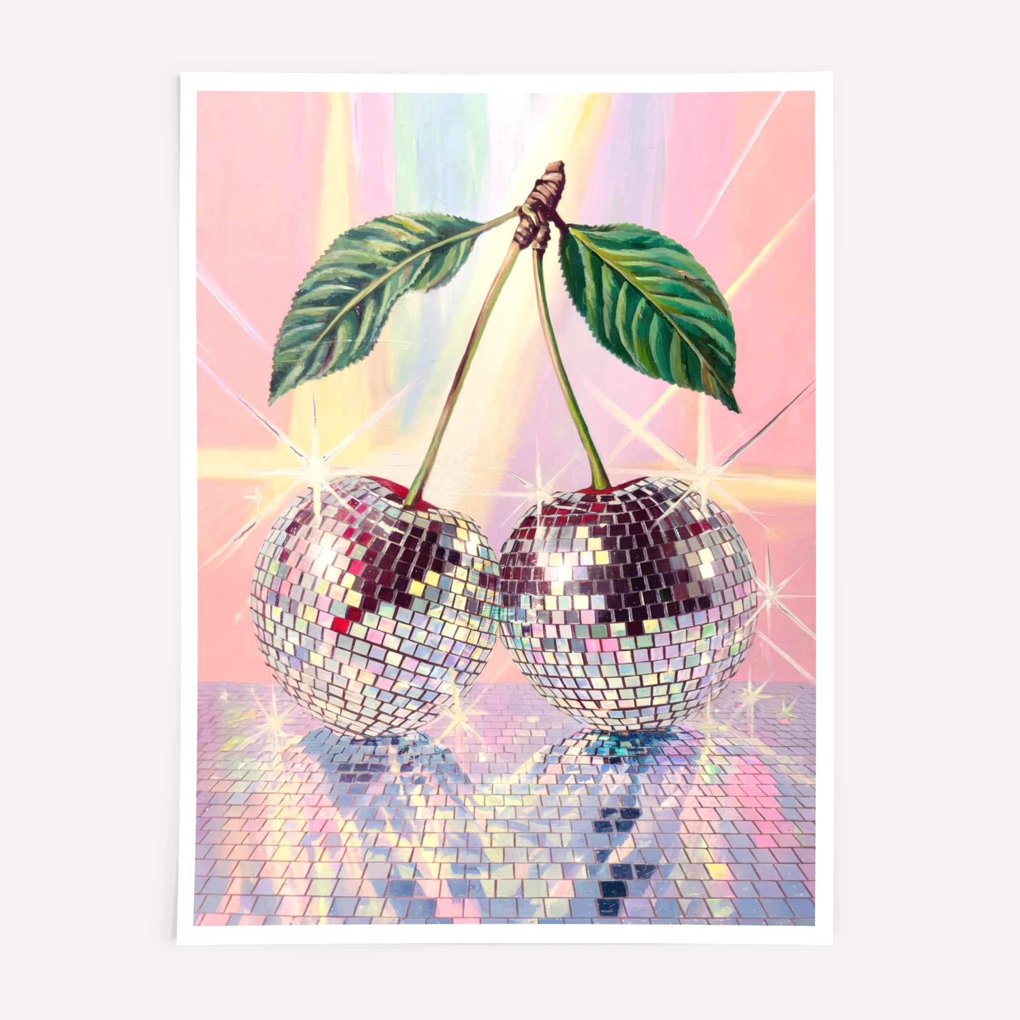 Disco Cherry art print – vibrant mirrorball cherries with a retro pastel background.