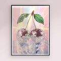 Maximalist disco cherry poster with iridescent reflections and eclectic colours