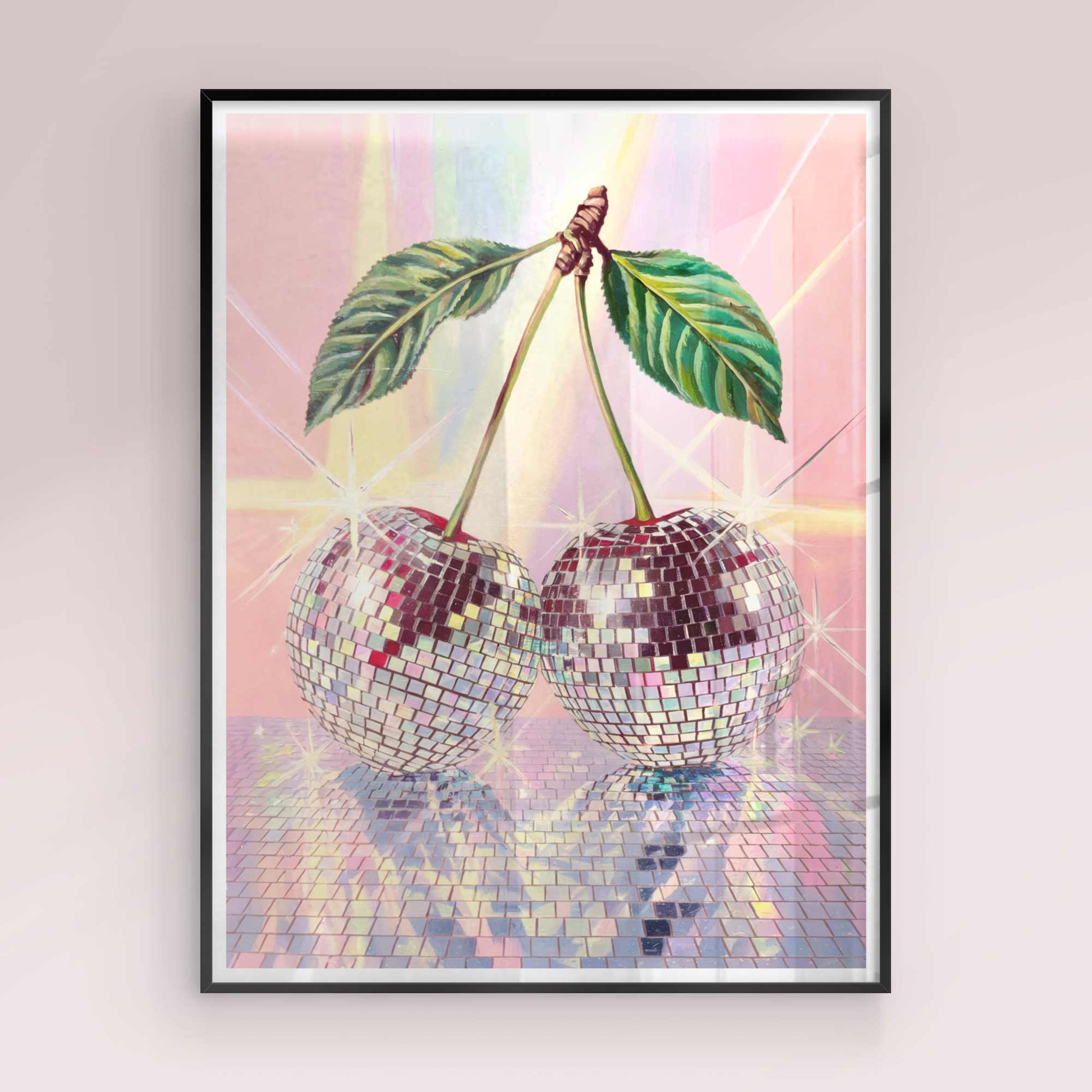 Maximalist disco cherry poster with iridescent reflections and eclectic colours