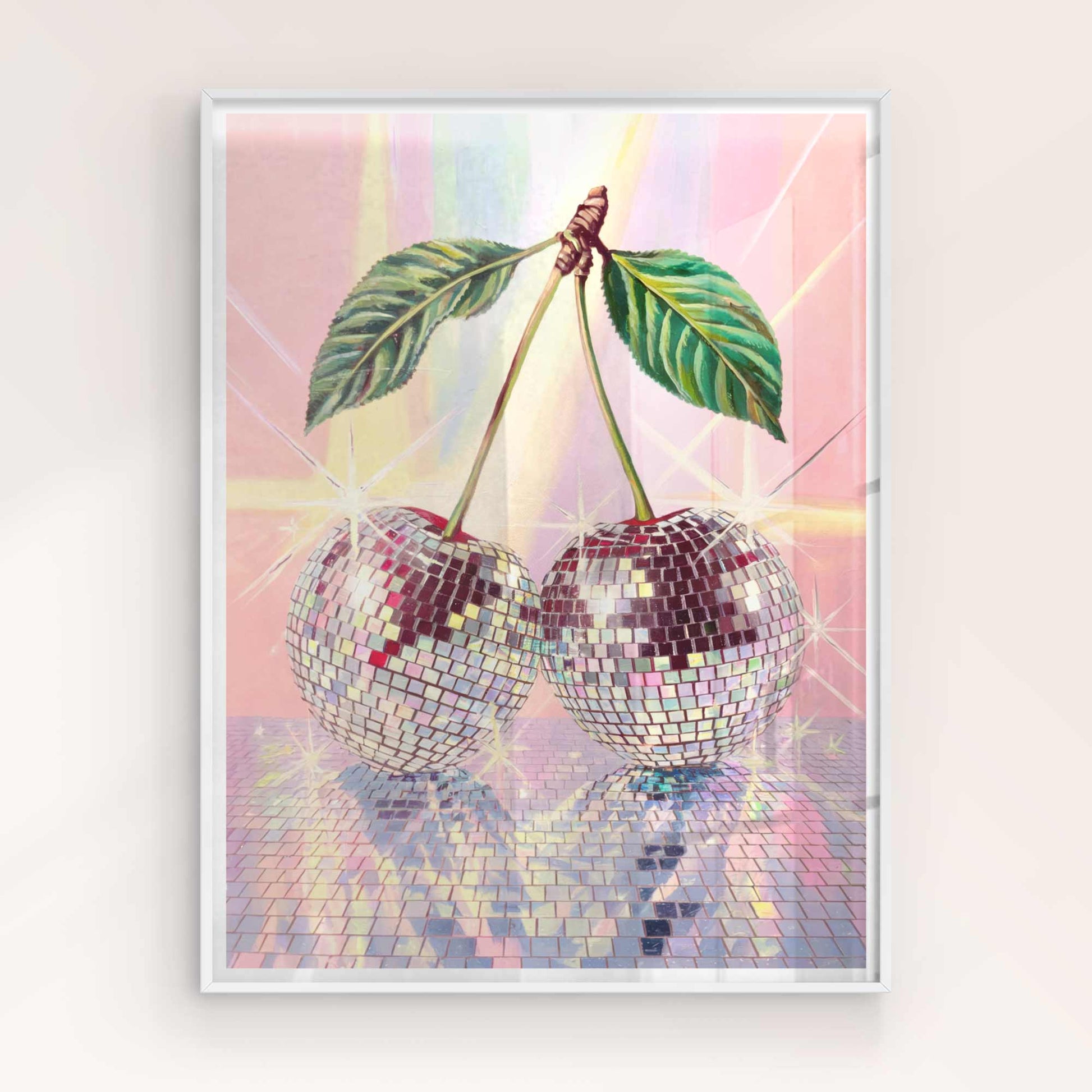 Dopamine decor artwork featuring disco cherries in a dreamlike pastel setting.