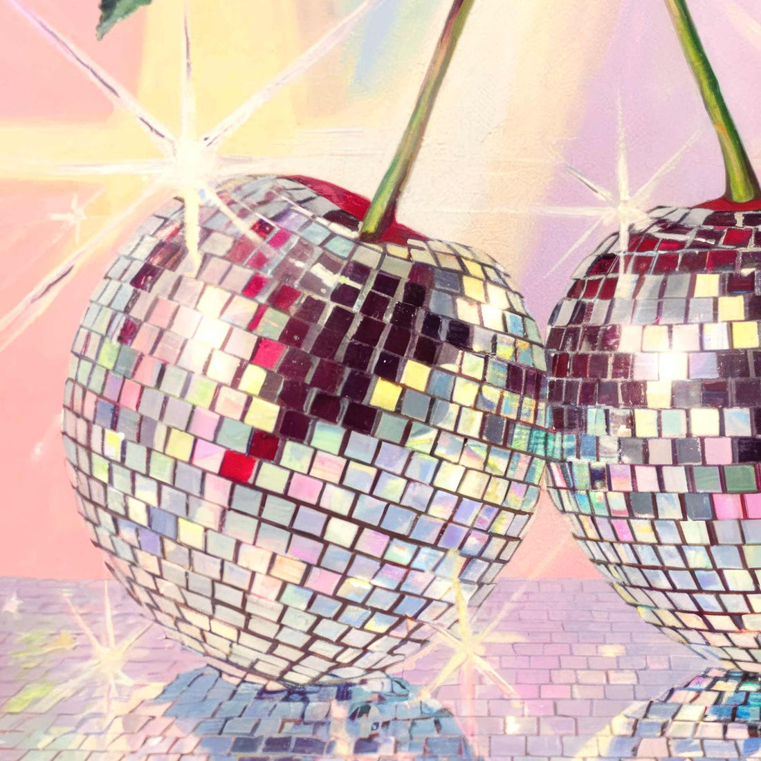 Disco Cherry art print – vibrant mirrorball cherries with a retro pastel background.