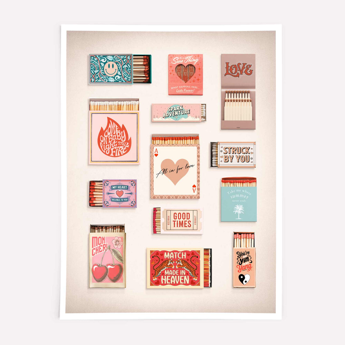 Vintage matchbook wall art featuring romantic matchbox designs