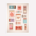 Vintage matchbook wall art featuring romantic matchbox designs