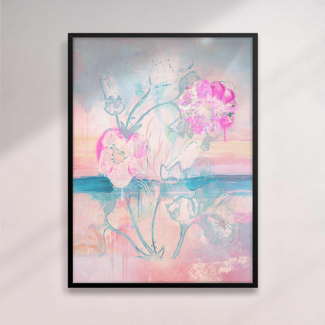 Pink Hibiscus Print | Abstract Digital Art with Sea and Stylized Flower

