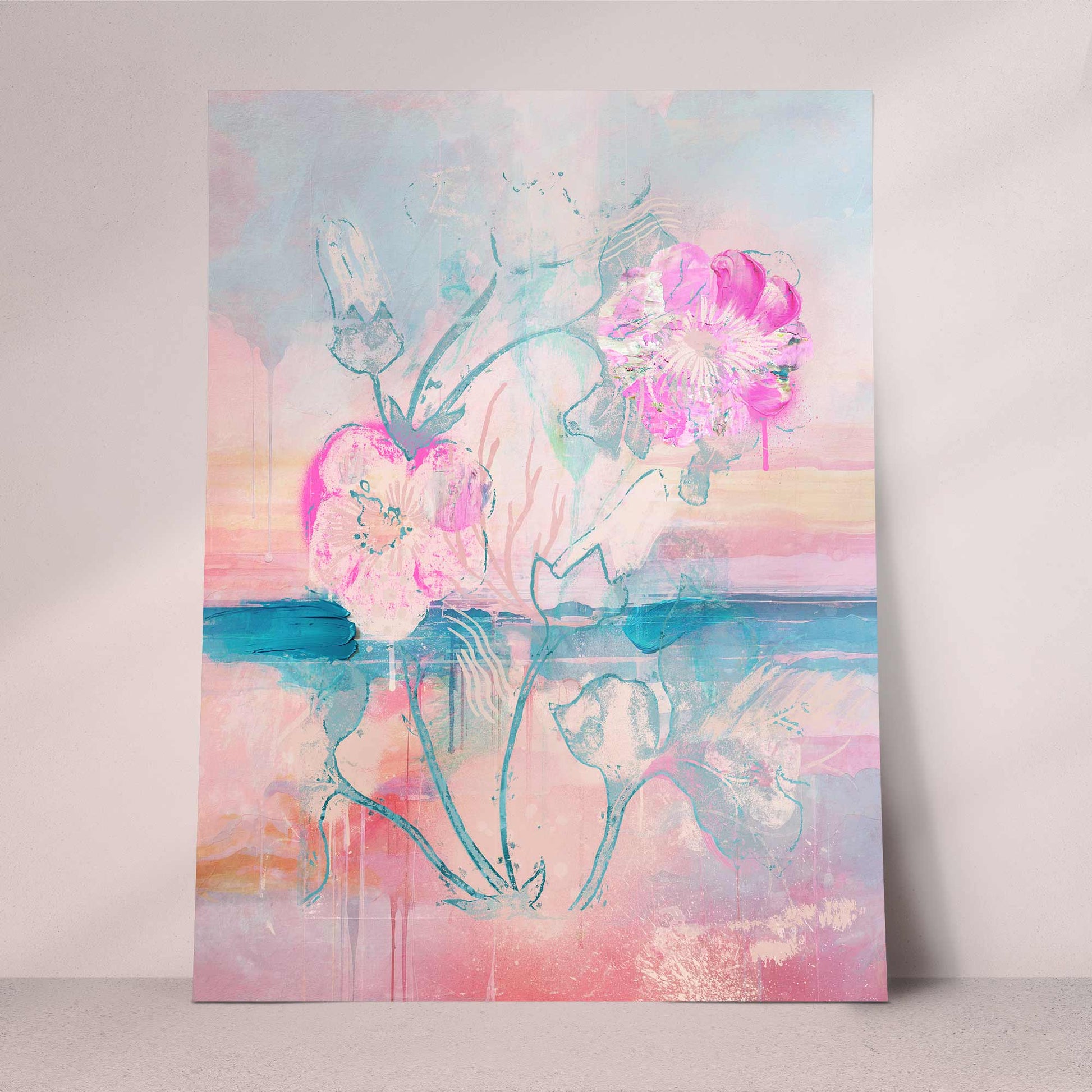 Pink Hibiscus Print | Abstract Digital Art with Sea and Stylized Flower

