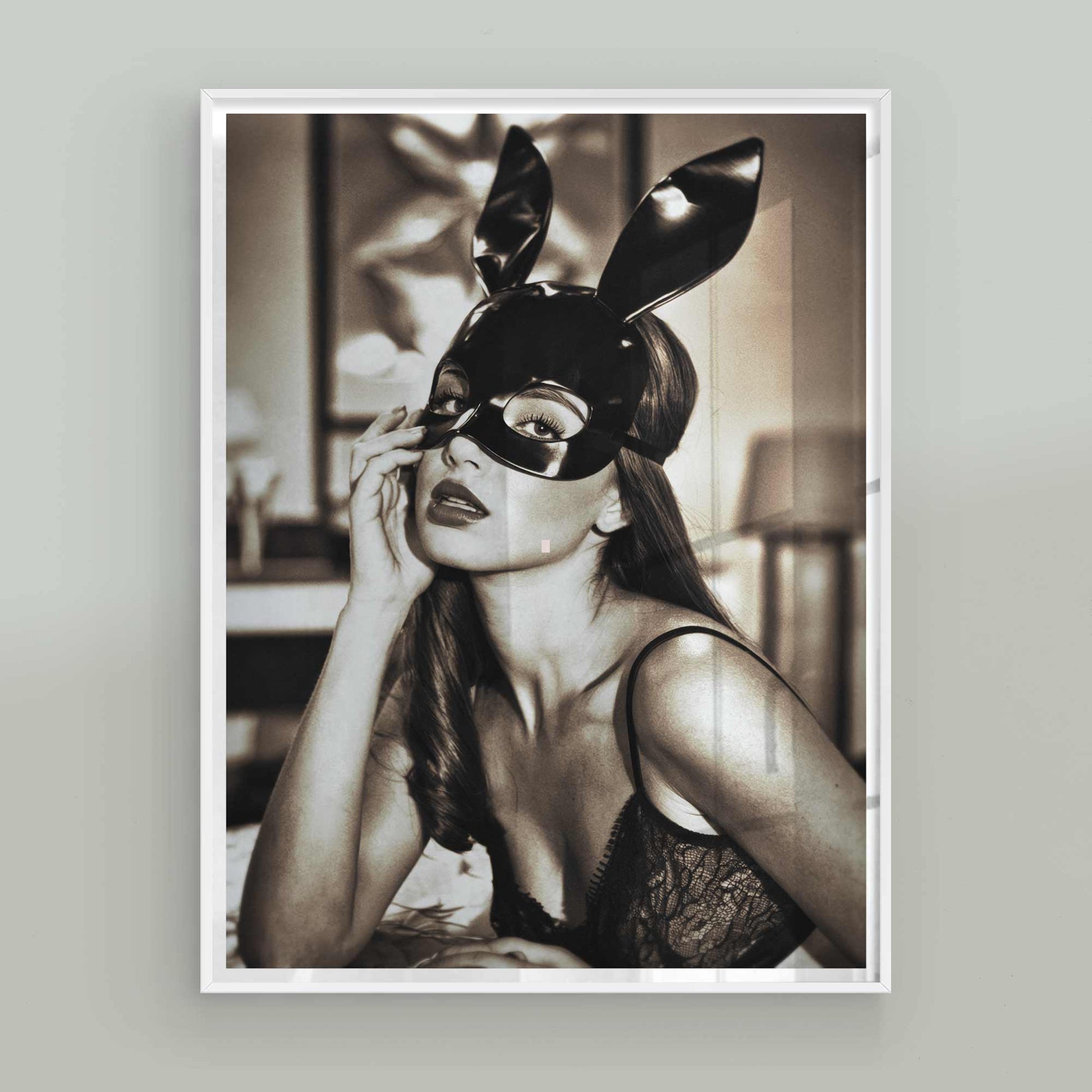 Elegant noir bedroom decor featuring a seductive bunny girl