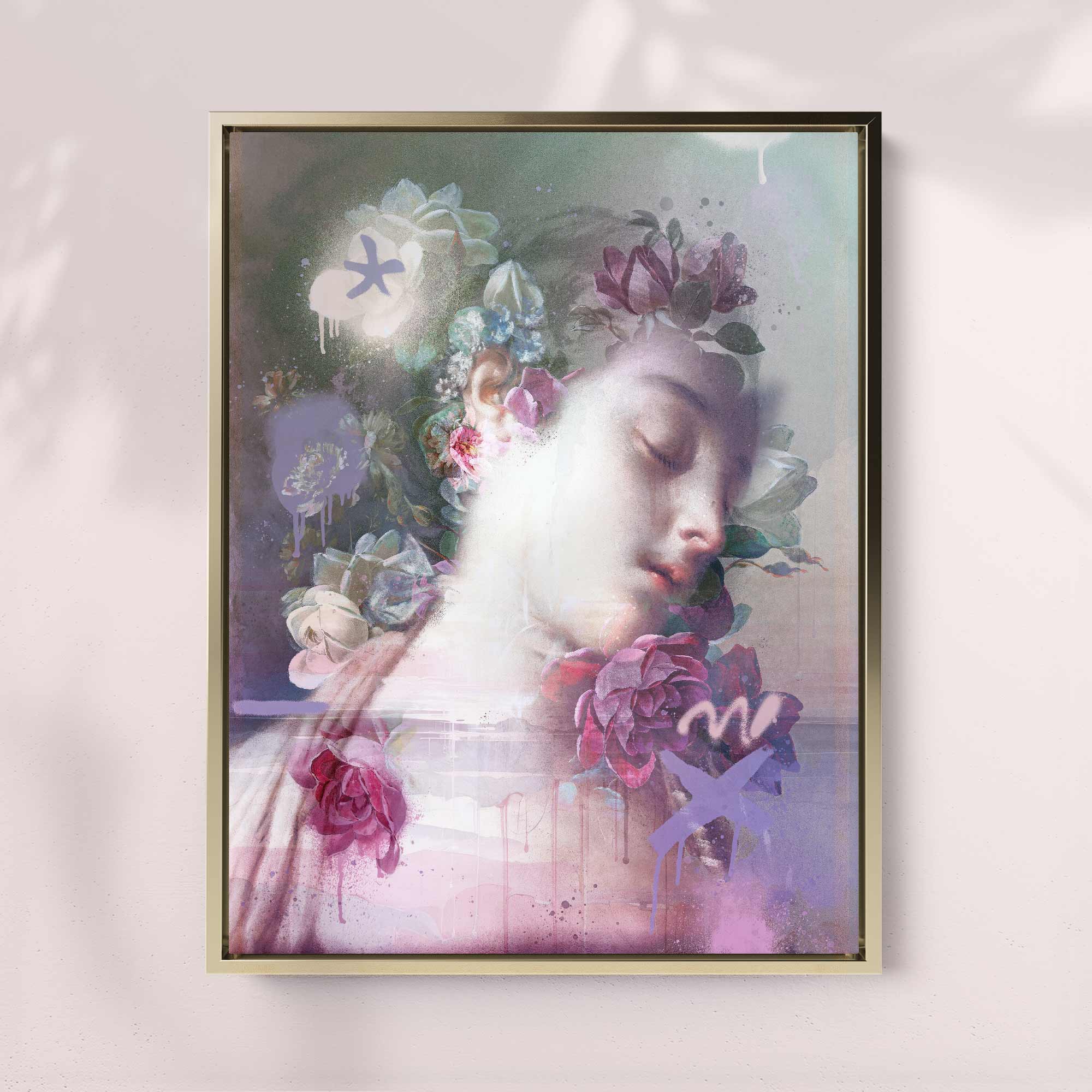 Rococo Girl Green & Lilac Print | Elegant Art with Urban Graffiti Accents

