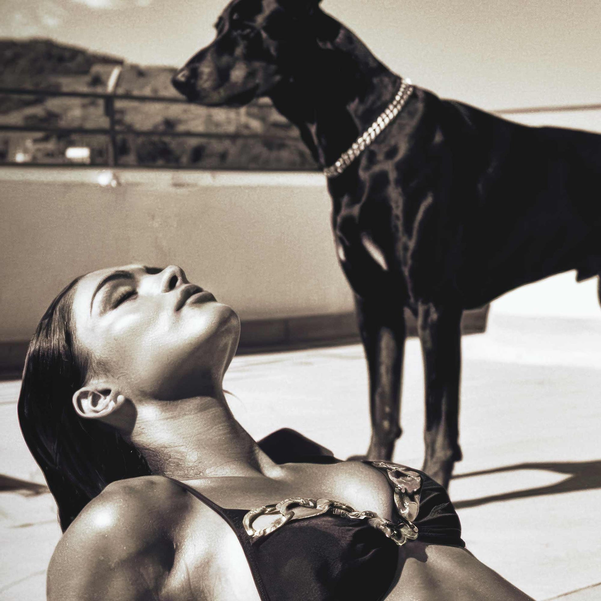 High-fashion photography print of a woman sunbathing.