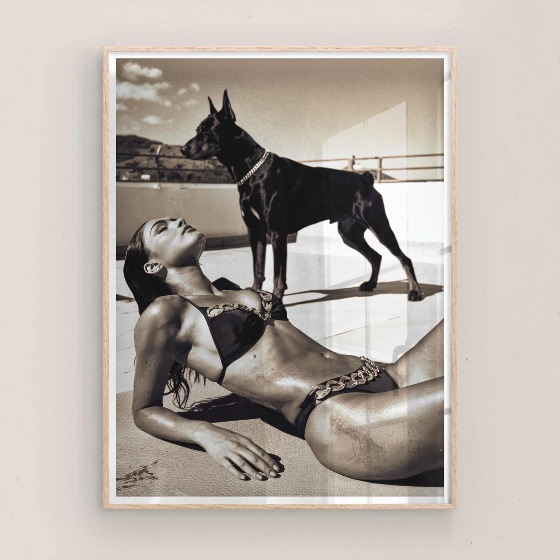 Luxury sunbather poster Vogue-style wall art print Hypebeast aesthetic home decor Sepia-tone fashion photography Doberman art print luxury High-fashion photography poster Moody golden-hour artwork Powerful female aesthetic print Luxury lifestyle art piece Elite statement wall art