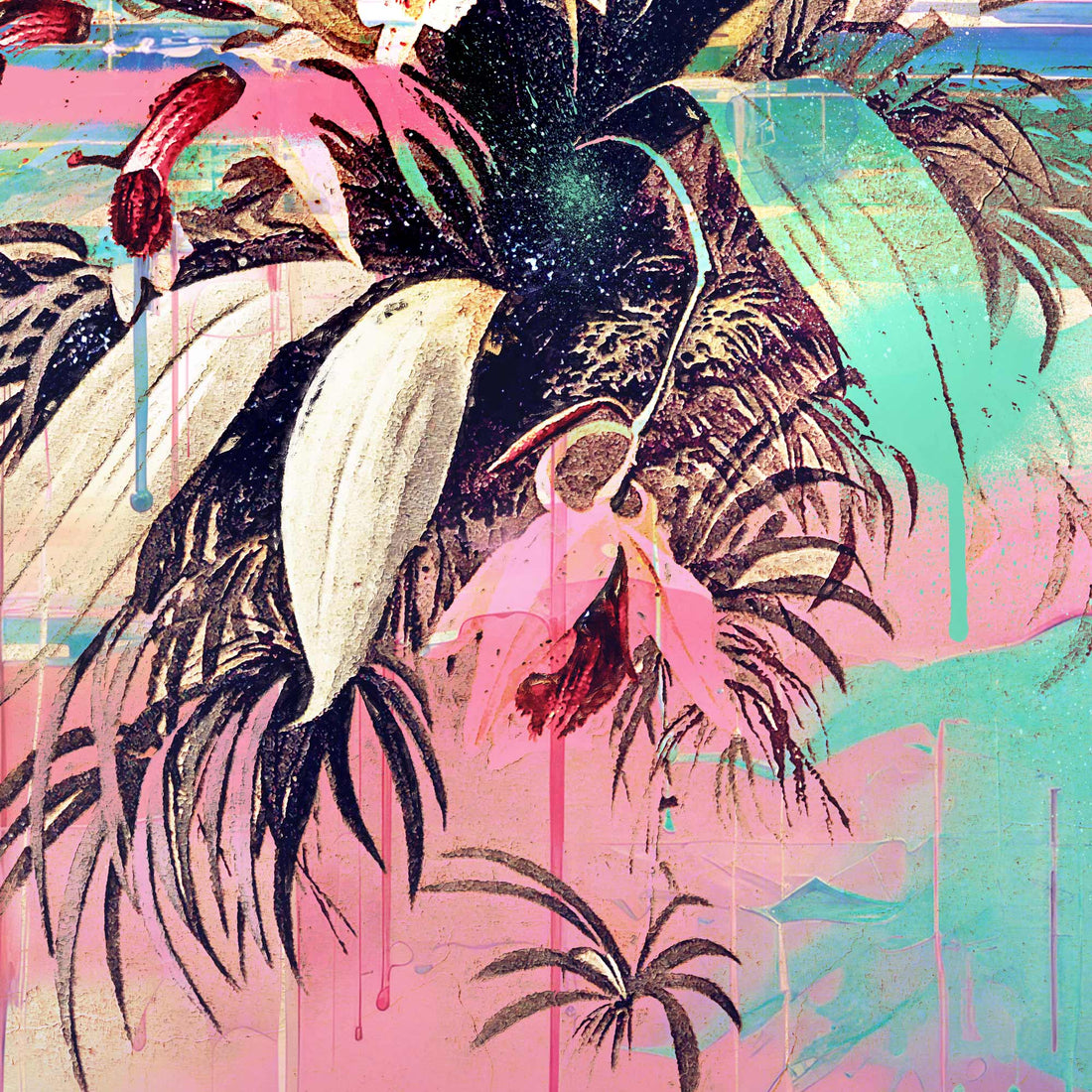 VINTAGE TROPICAL ORCHID DRIP PRINT - Bold Fusion of Classic and Contemporary Art