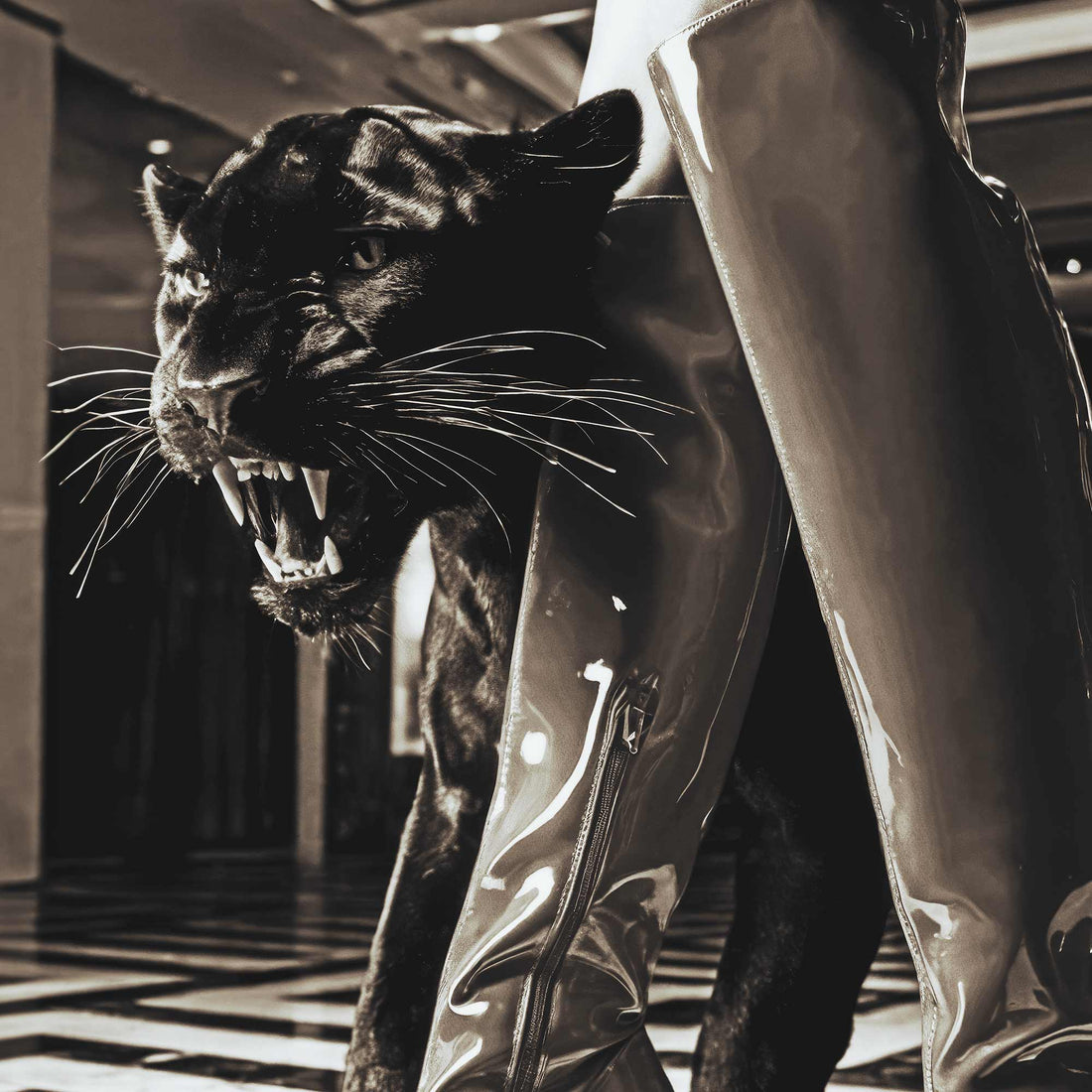 Luxury home decor featuring a black panther and high-gloss stilettos