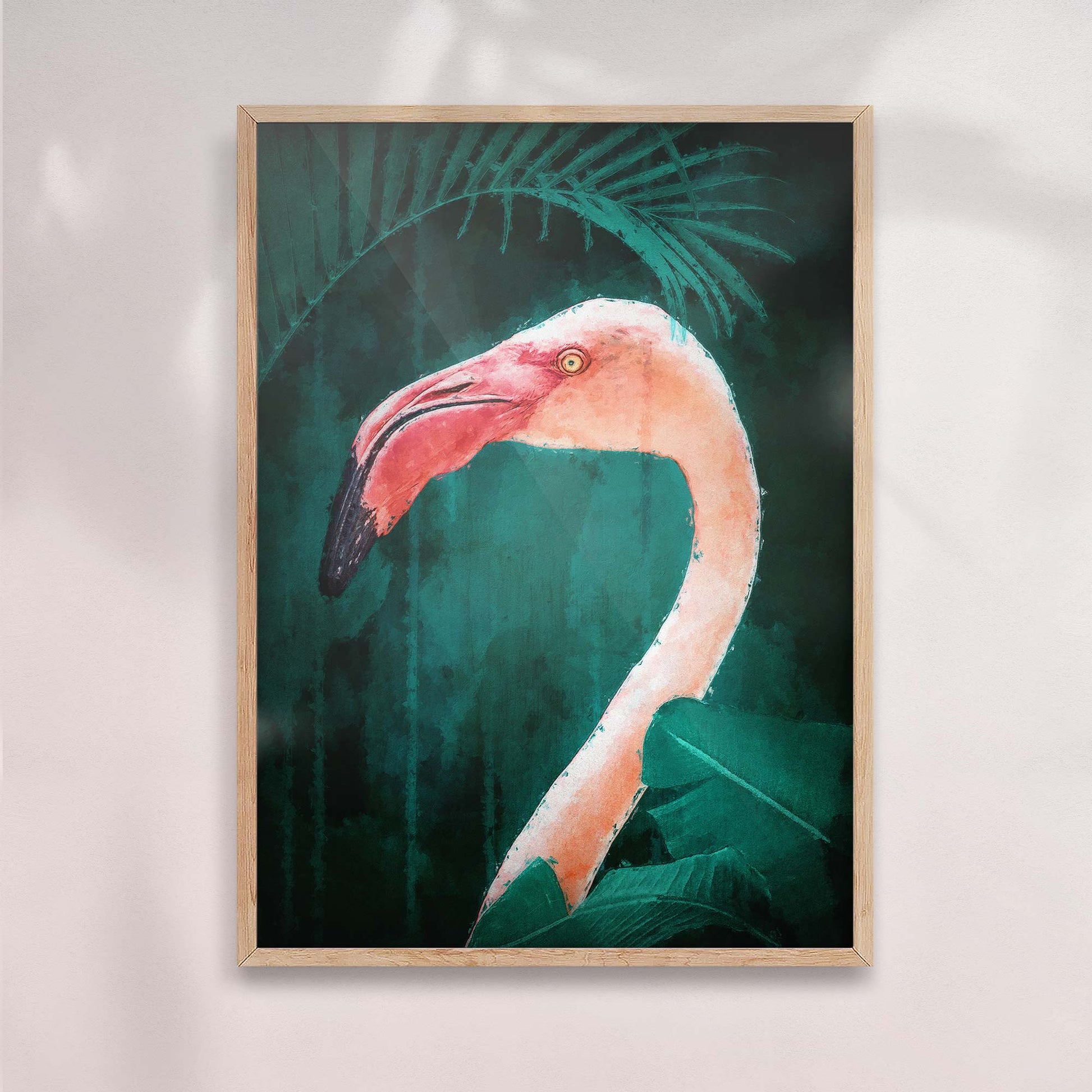 Pink Flamingo Print | Vibrant Wall Art with Emerald Green Backdrop

