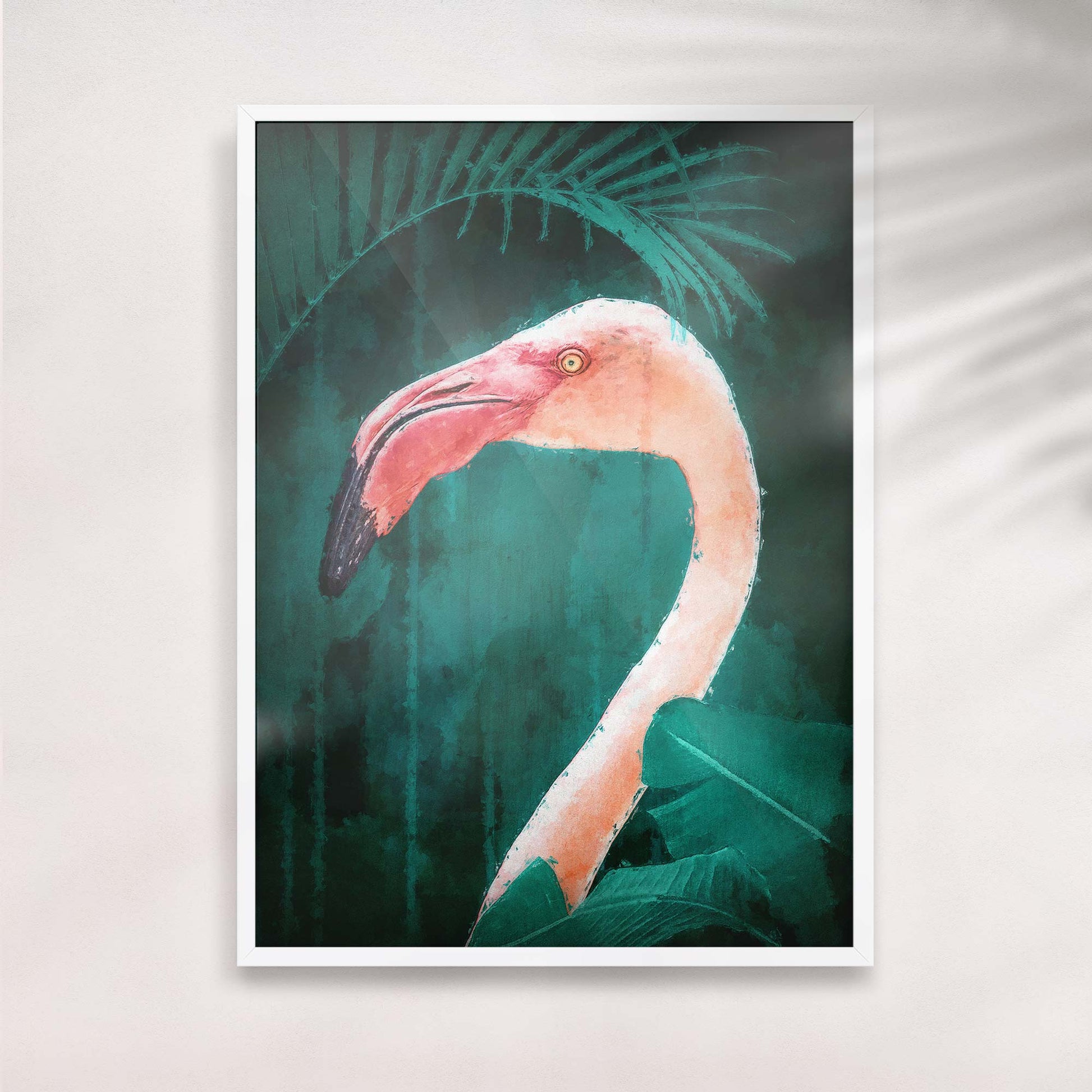 Pink Flamingo Print | Vibrant Wall Art with Emerald Green Backdrop

