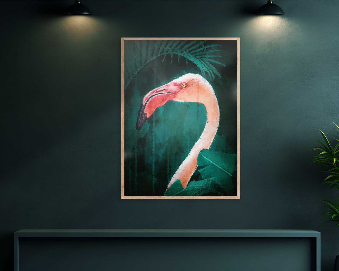 Pink Flamingo Print | Vibrant Wall Art with Emerald Green Backdrop

