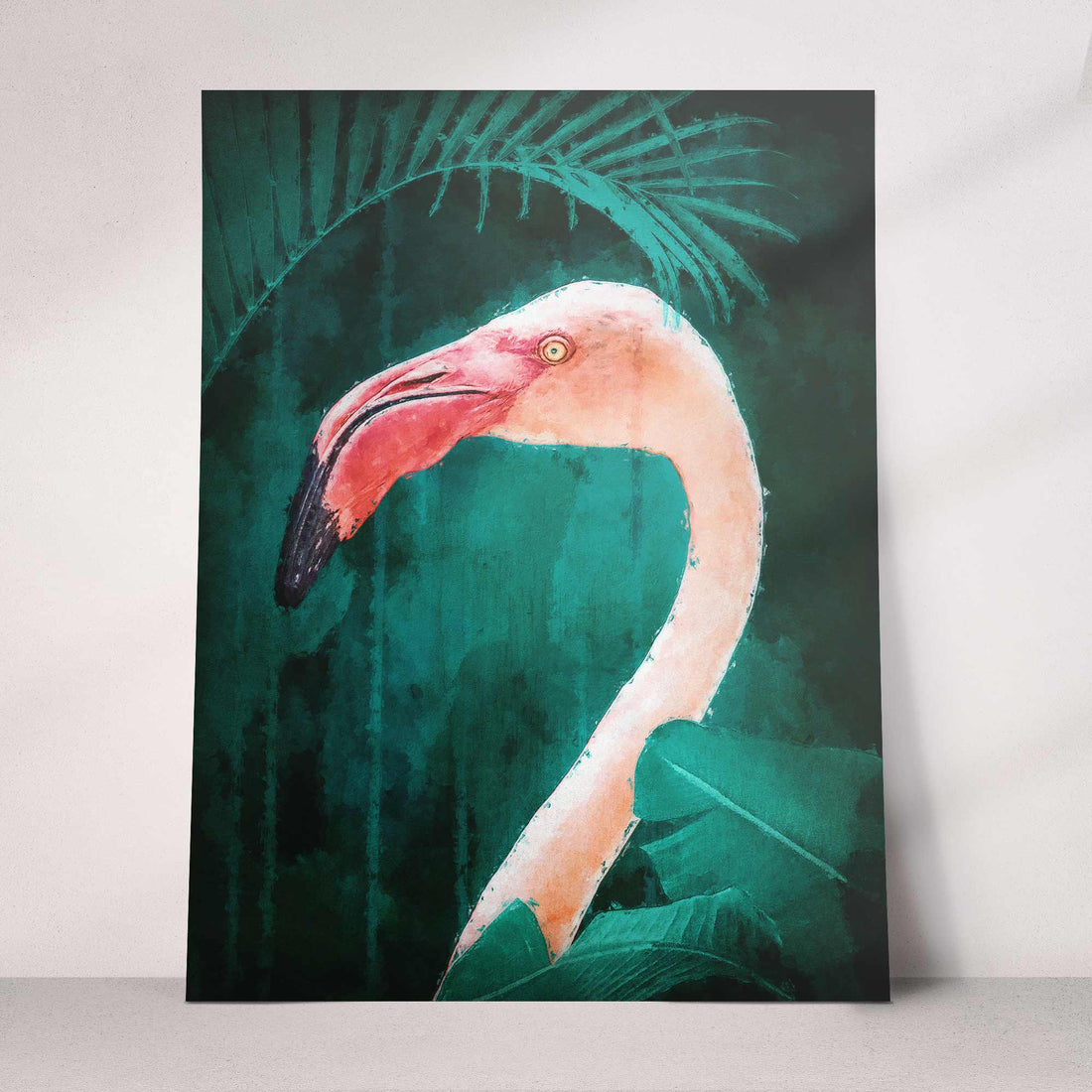 Pink Flamingo Print | Vibrant Wall Art with Emerald Green Backdrop

