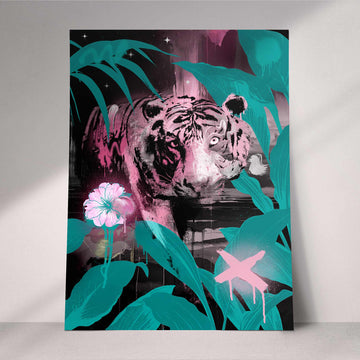 TIGER AT NIGHT PINK & GREEN PRINT