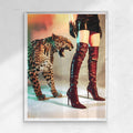 Vintage-inspired art poster featuring leopard and red boots
